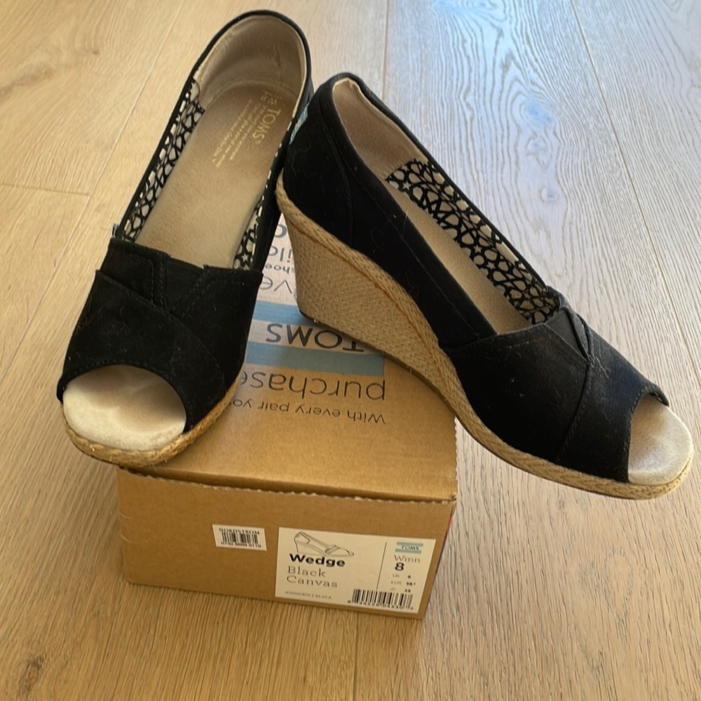 Tom’s Wedge Espadrilles - Black Canvas - Sz 8